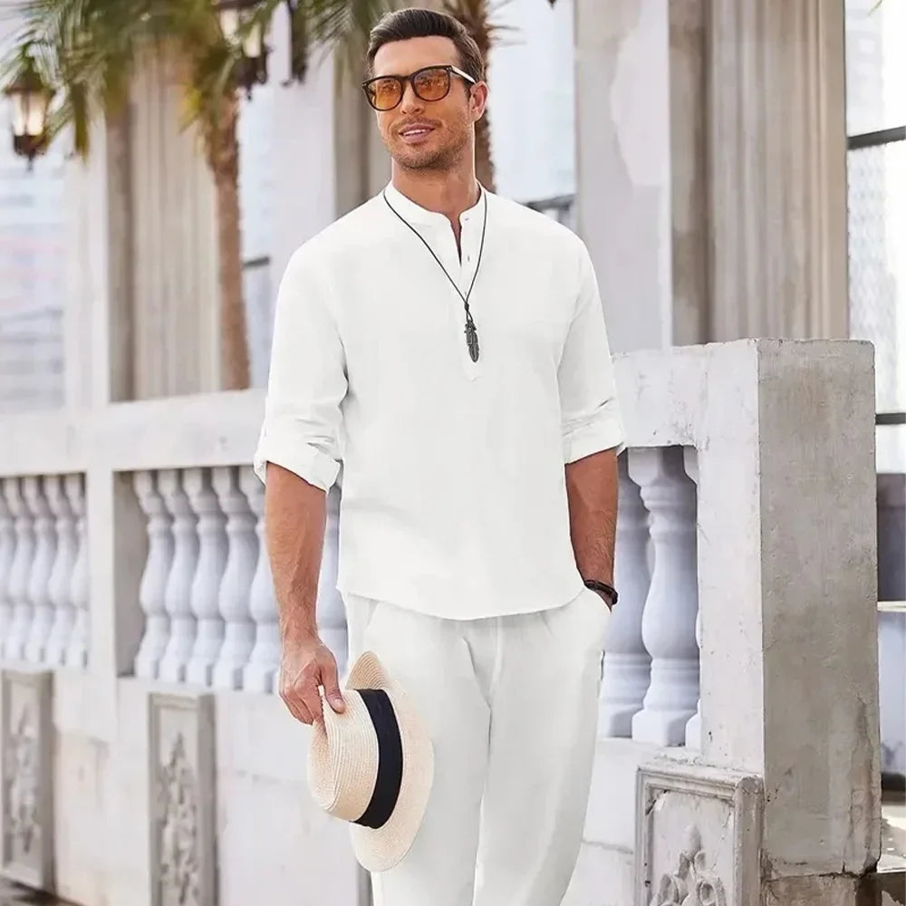 Men's Cotton Linen Shirt Two-Piece Kit Casual Henley Long Sleeve Vacation Beach Wear