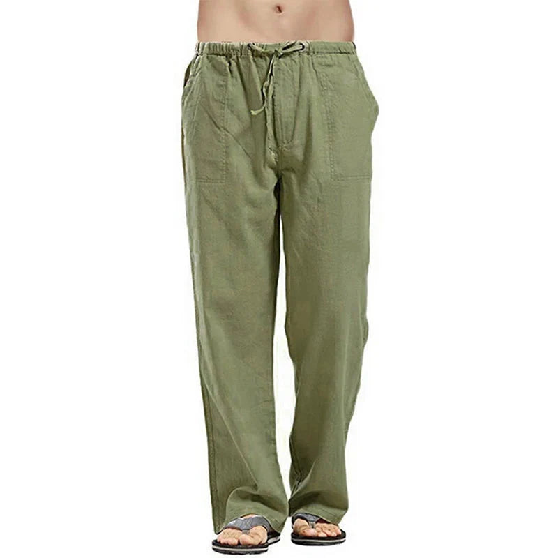 Color Solid Multi-Pocket Linen Men Pants - Casual Breathable Summer Trouser, Large Size