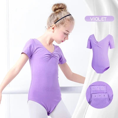 Plush girls' ballet leotard - short sleeve v-neck ruched, cotton knit, for dance practice and classic classes