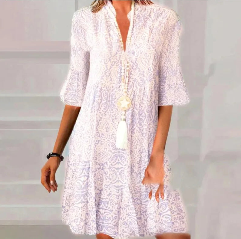 V Autumn Neck Flared Mini Dress for Ladies - Casual A-Line Pullover Boho Style