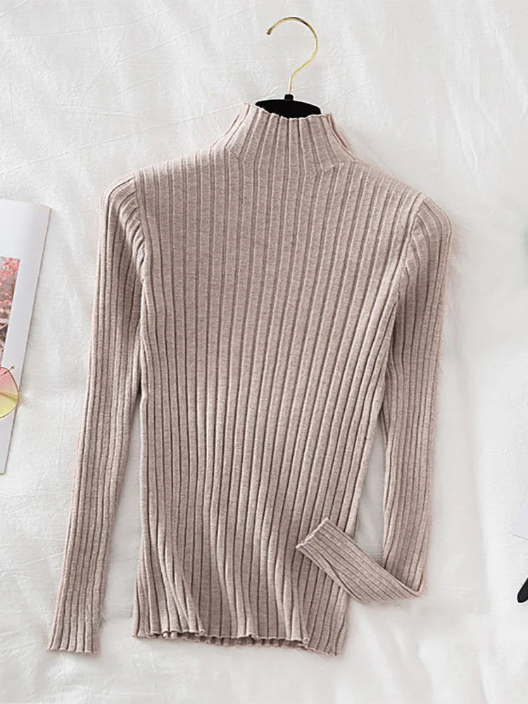 Flattering Stretchy Women Ribbed Sweater - Mock Neck, Knit