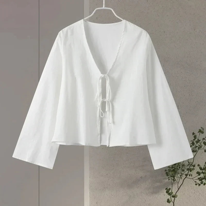 Variant image for Stylish Long Sleeve Blouse with Openwork V-Neck and Lacing, Breathable Fabric for Spring Fashion-4
