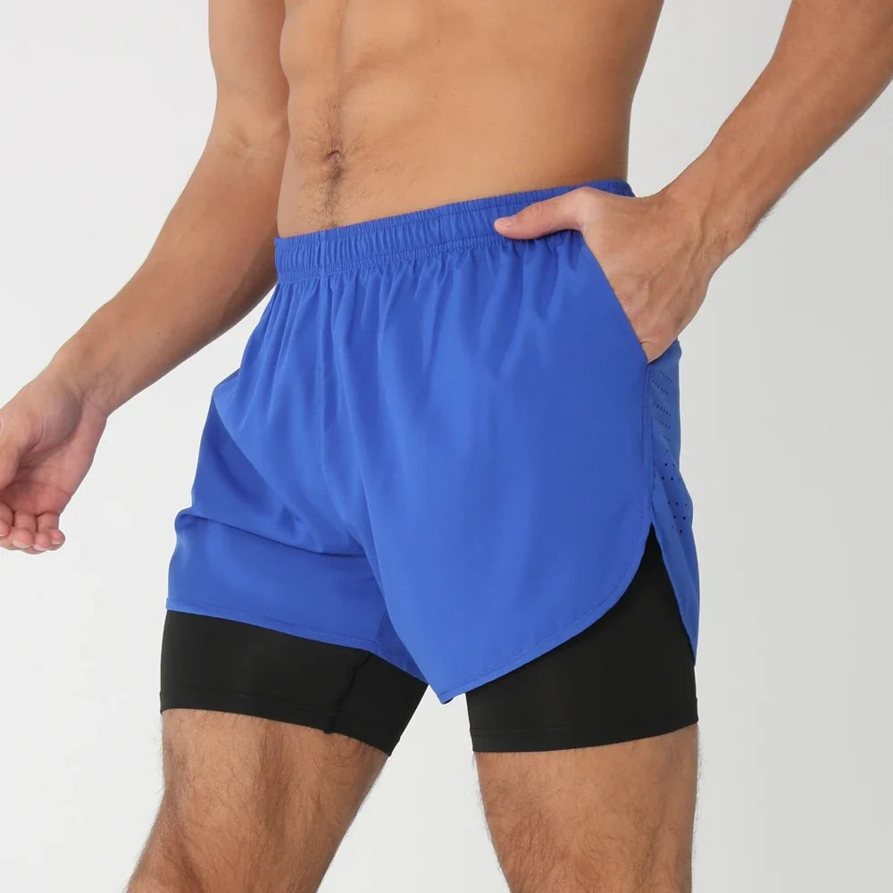 Fast-dry men's 2-in-1 running shorts - lightweight lined, polyester, for gym and summer training