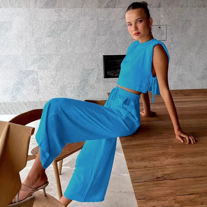 Women's Spring Summer Linen Pant Kit Crop Tops 2-Piece Outfit for Holiday