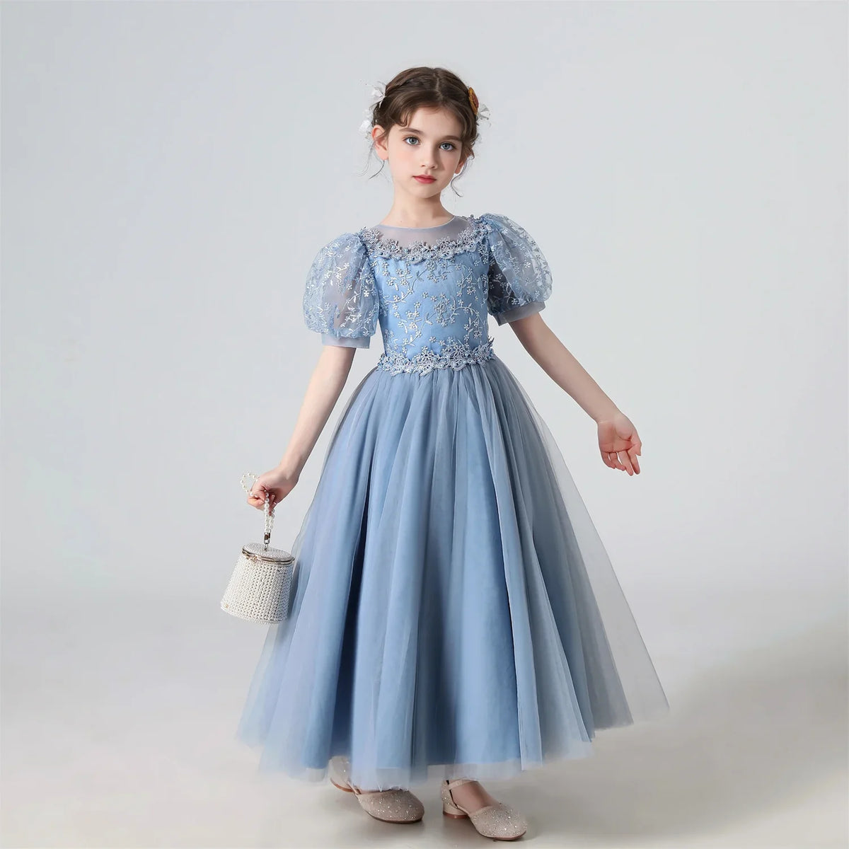 Plush Girls’ Lace-Embroidered Princess Dress - Puff Sleeve, Polyester, For Weddings and Parties