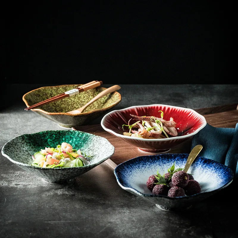 Ceramic Japanese Noodle Bowl Lotus Pattern Salad Bowl