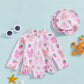 Plush Girls' Rash Guard Swimsuit Kit - Zip-Up, Floral Print, Polyester, With Hat, For Summer Beach And Pool