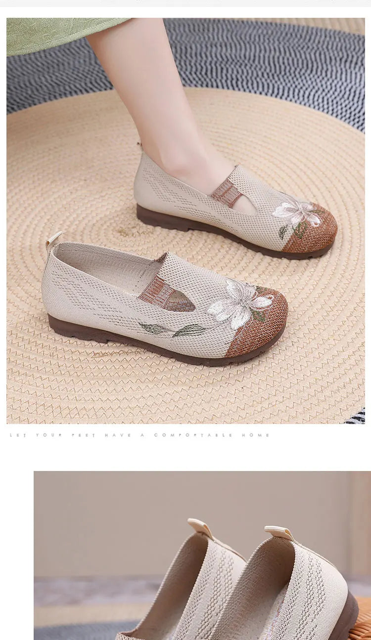 Women’s Breathable Flats - Slip-On Mesh, Embroidered