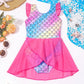 Mermaid-Scale Print, Ruffle Sleeves, Tulle, Polyester Elastane, Beach – Fast-Dry Sturdy Girls' One-Piece Swimsuit
