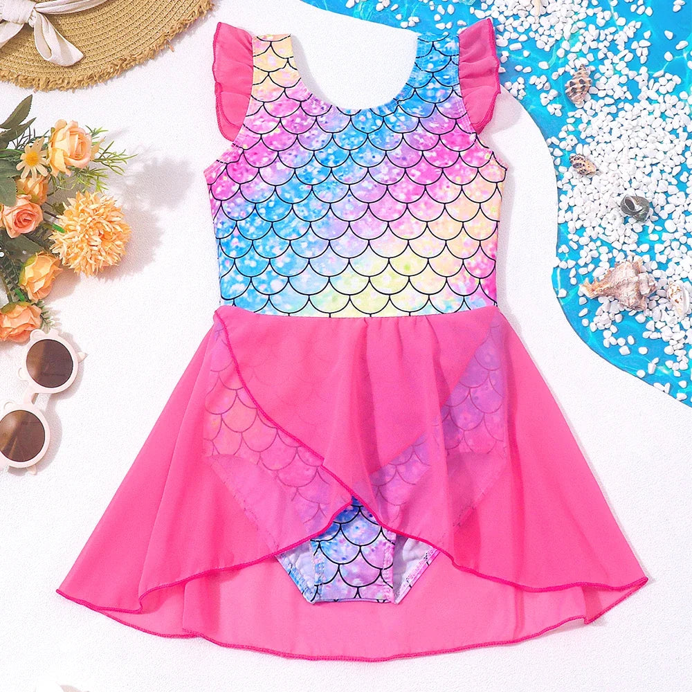 Mermaid-Scale Print, Ruffle Sleeves, Tulle, Polyester Elastane, Beach – Fast-Dry Sturdy Girls' One-Piece Swimsuit