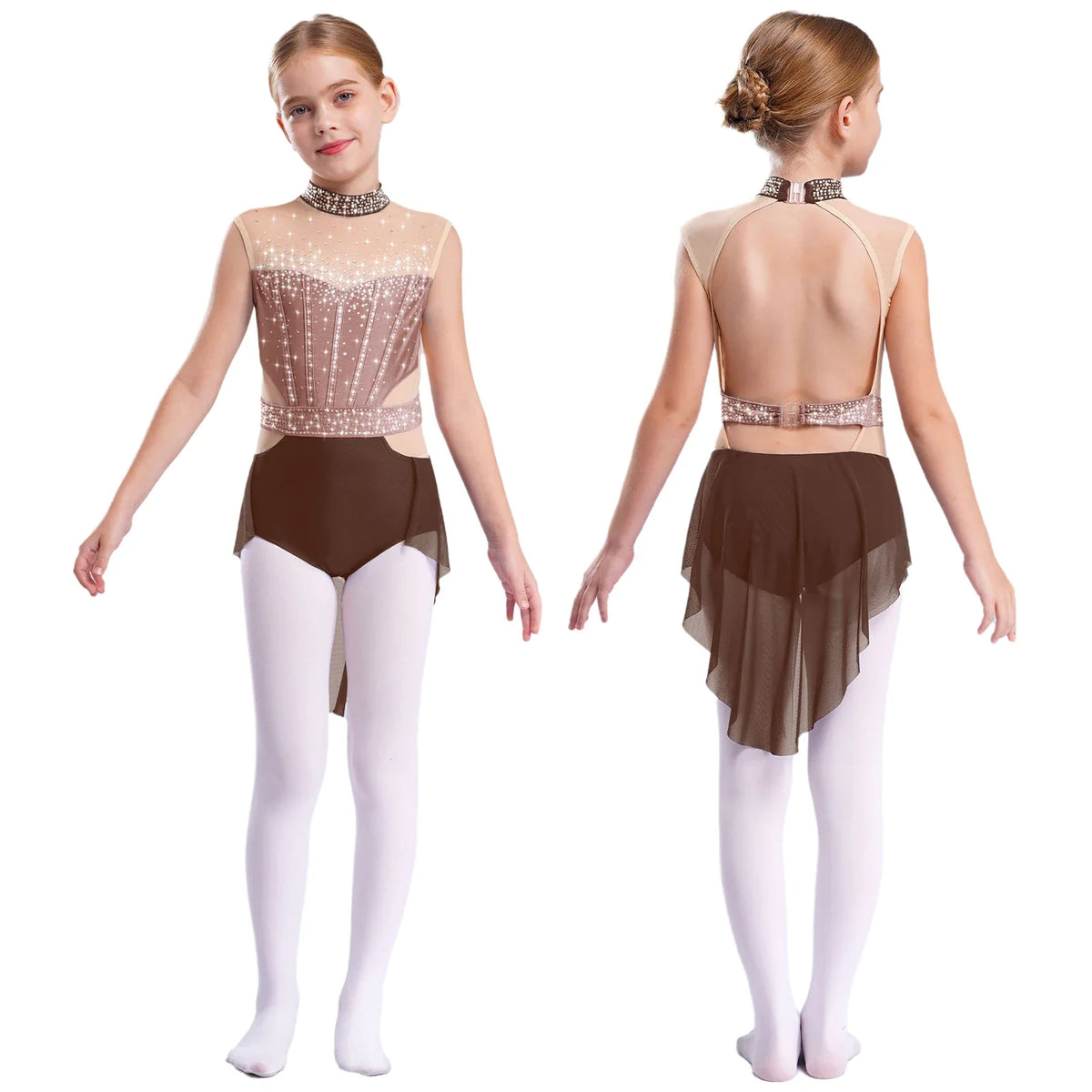 girls' Stretchy leotard - rhinestone mesh yoke, sleeveless, polyester, nylon, elastane, for lyrical dance performance