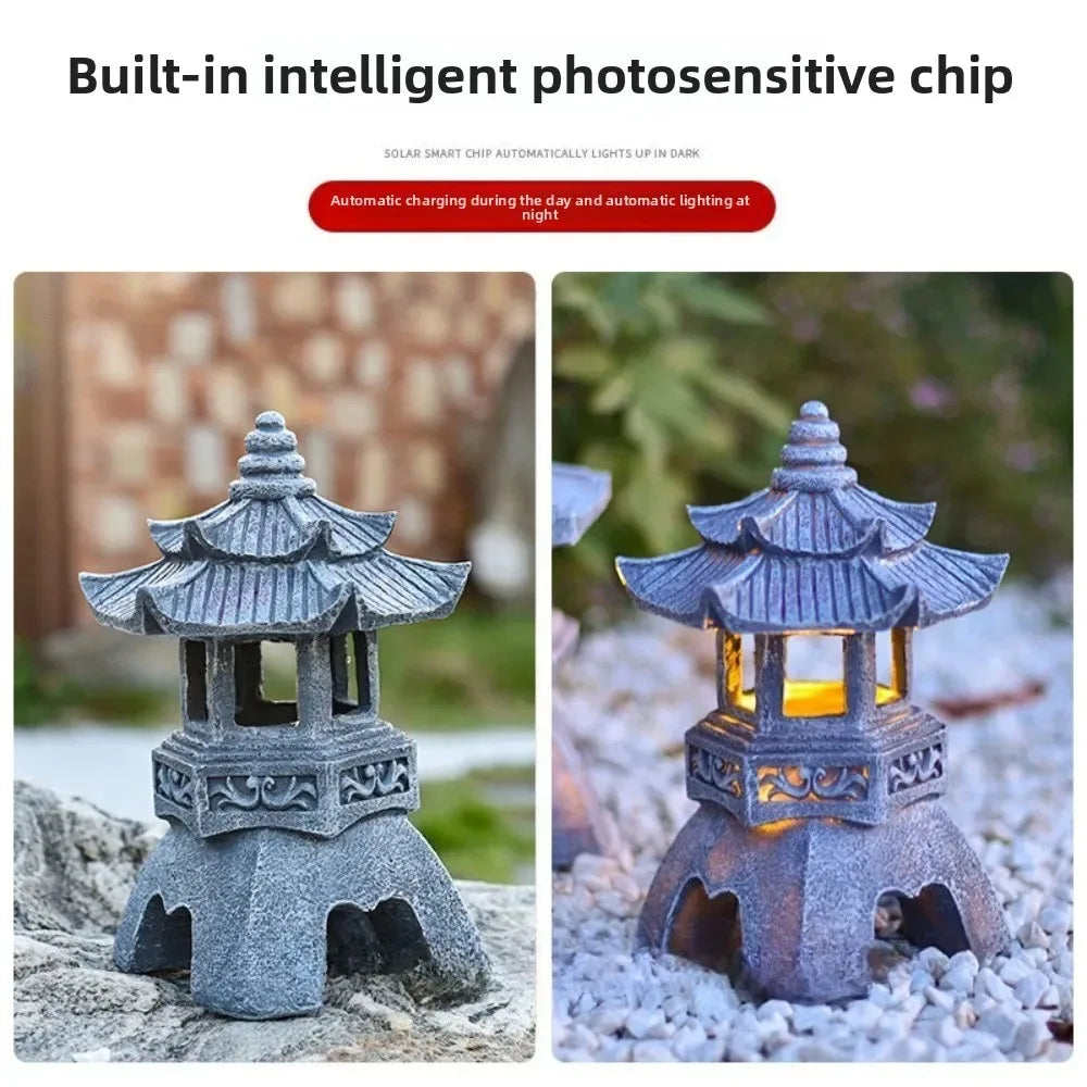Lantern Solar Resin Stone Pagoda Garden Ornament Zen Chinese Style Outdoor Light Fall 2026 Eco Friendly Decor