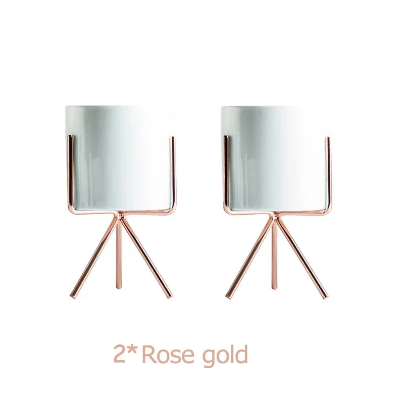 Ceramic Planters Kit Of 3 With Gold Iron Stand Contemporary Desktop Succulent Planters Fall 2025 Trendy Gift