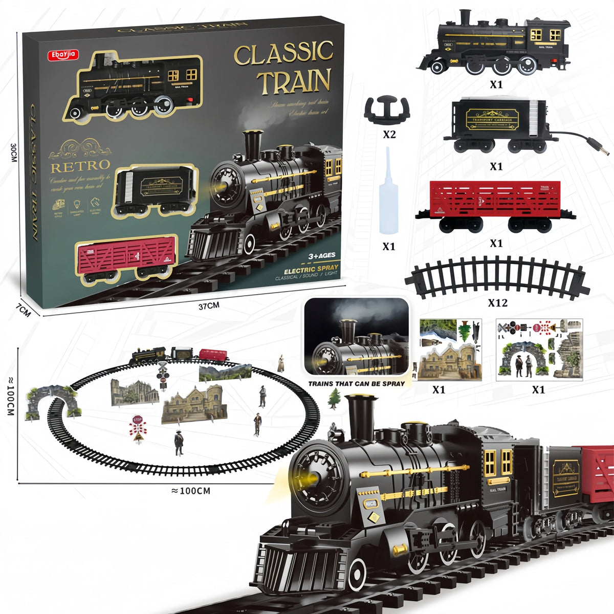 Retro Timeless Motor-Driven Train Kit for Kids - Long Track Steam Engine Toy with Lights and Sounds, Great New Year Gift