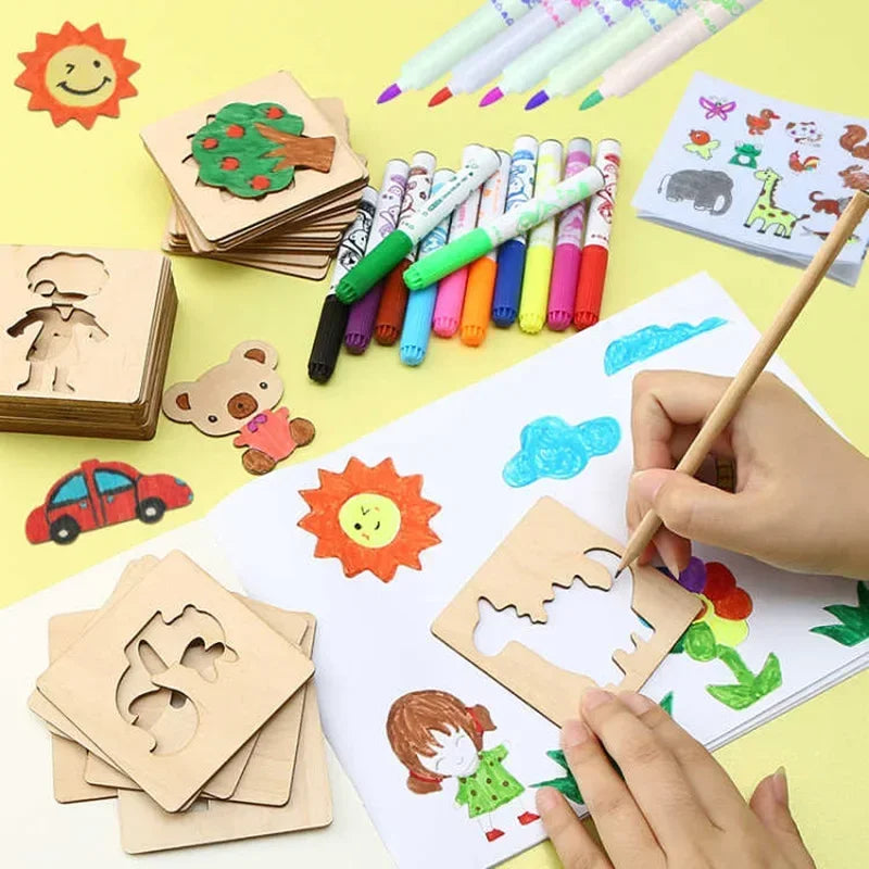 Wooden DIY Art Stencil Kit for Kids - Creative Painting & Drawing Tools, Educational Craft Supplies