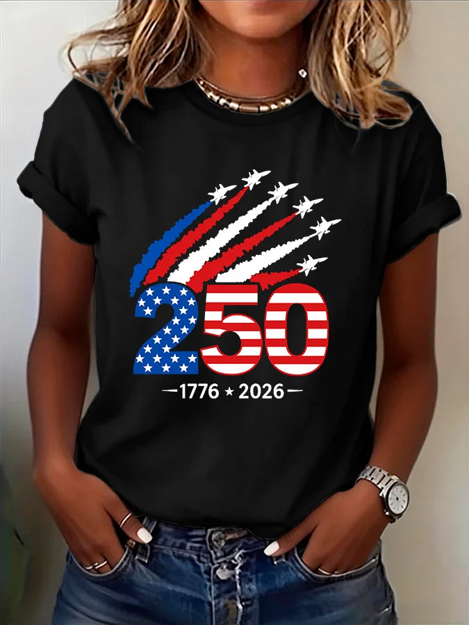 Plush Women's Jet-Print T-Shirt - Short Sleeve, Cotton, 250th Anniversary USA 1776-2026, Casual Wear