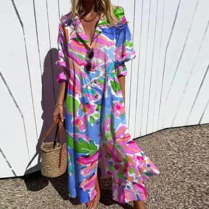 Boho Floral Maxi Dress for Women, Elegant Deep V-Neck Long Dress with Flowy Silhouette, Lightweight Summer Style-3
