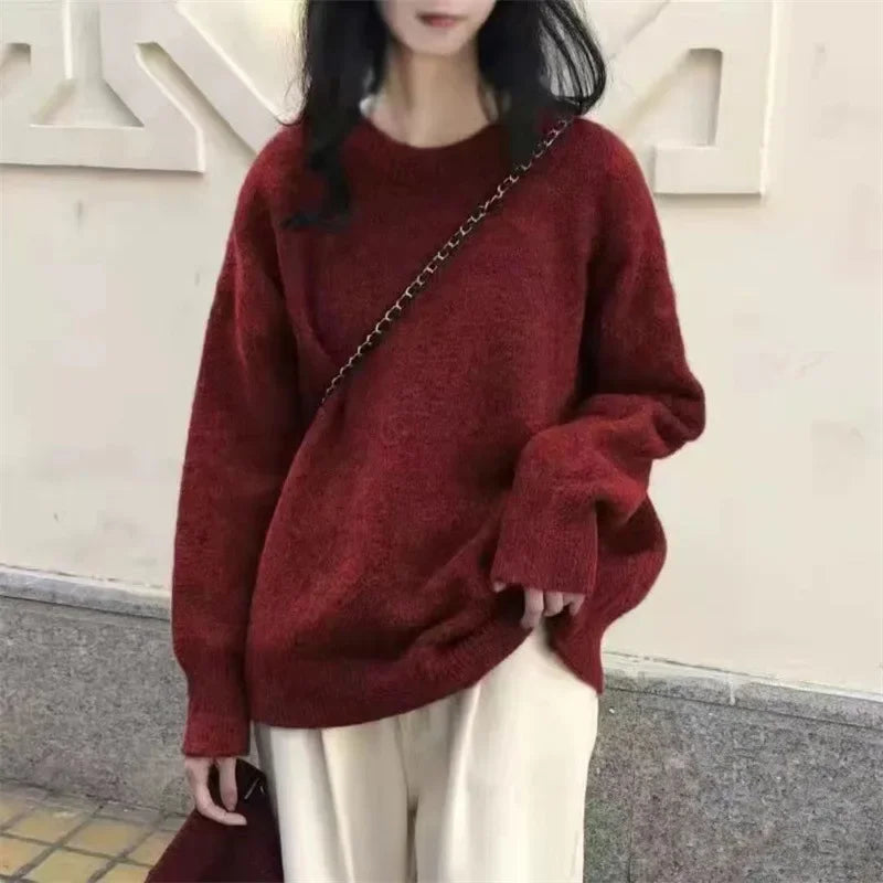 Oversized Cozy Women’s Pullover Sweater - Round Neck Knit