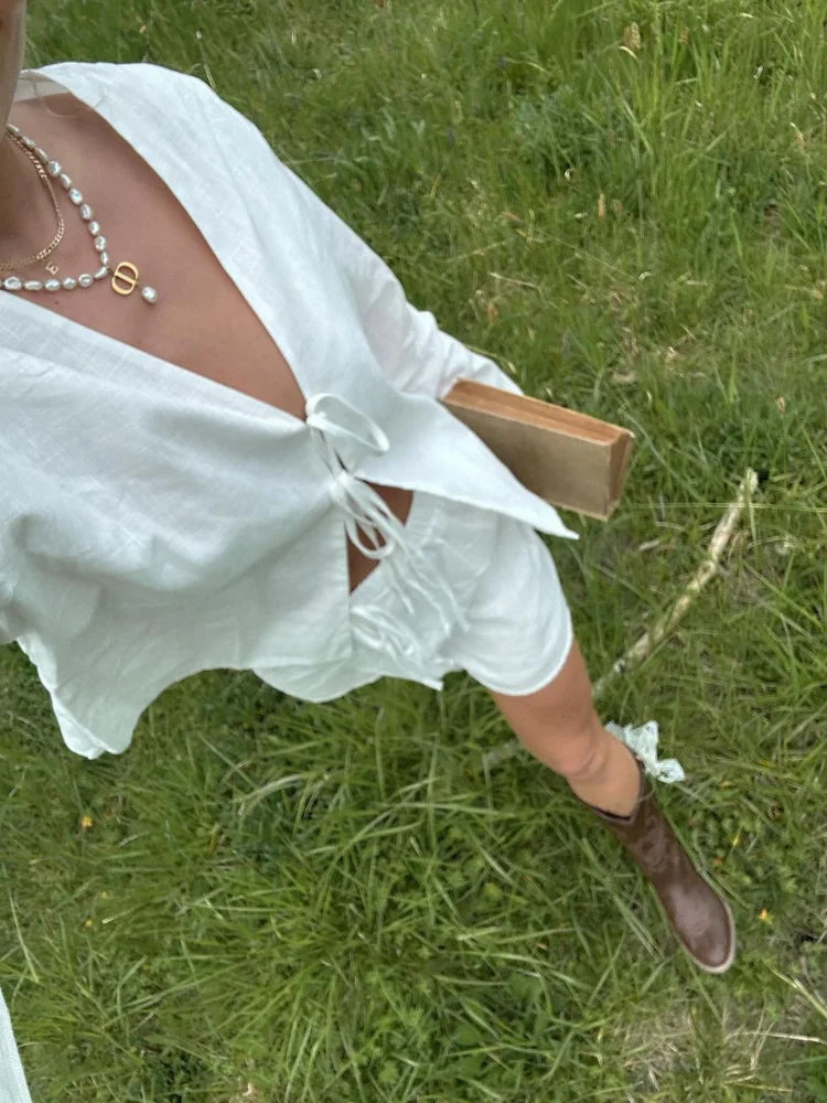 Stylish Long Sleeve Blouse with Openwork V-Neck and Lacing, Breathable Fabric for Spring Fashion-4