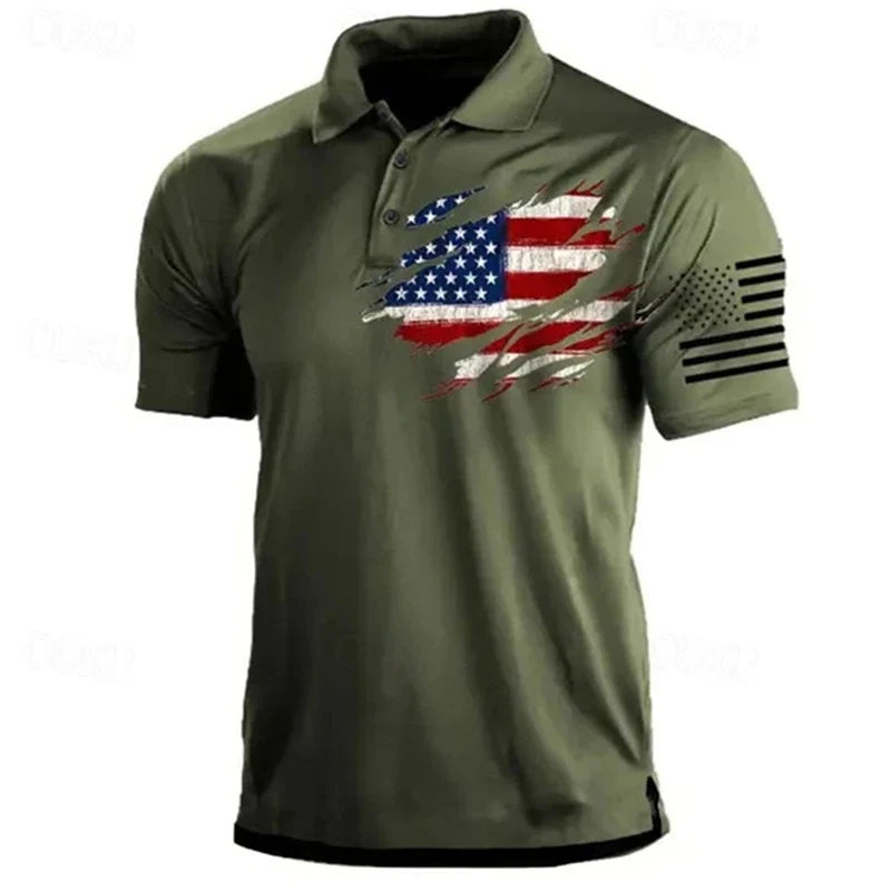 Light men's polo shirt - classic polo, 3D American flag print, casual everyday wear