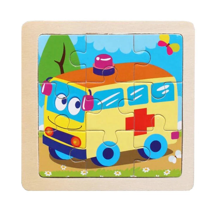 Wooden Kids Jigsaw Puzzle - Montessori Cartoon Animal Vehicle Educational Toy for Children