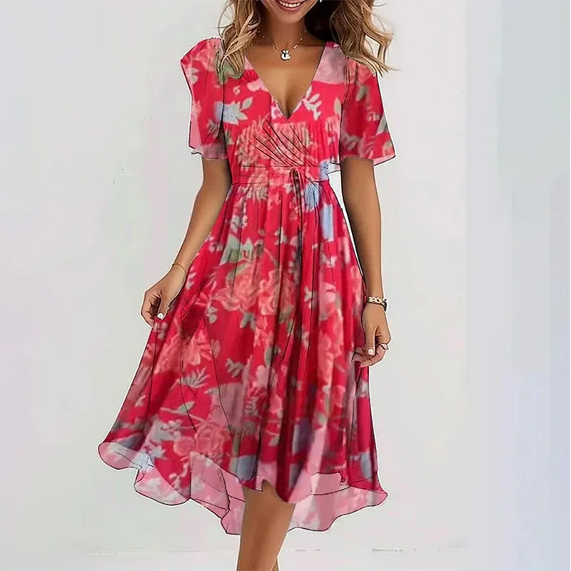 Deep Sexy V-neck Print Women's Summer Dresses - Elegant Swing Party Office Wear