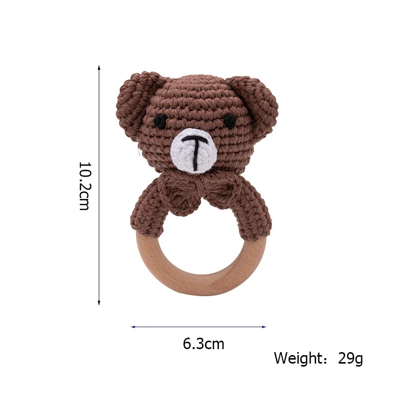 Crochet Wooden Animal Teether Rattle Newborn Sensory Toys