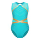Girls' Stretchy Leotard - flattering, rhinestone-detailed, long-sleeve, mesh-panel, polyester elastane, for gymnastics