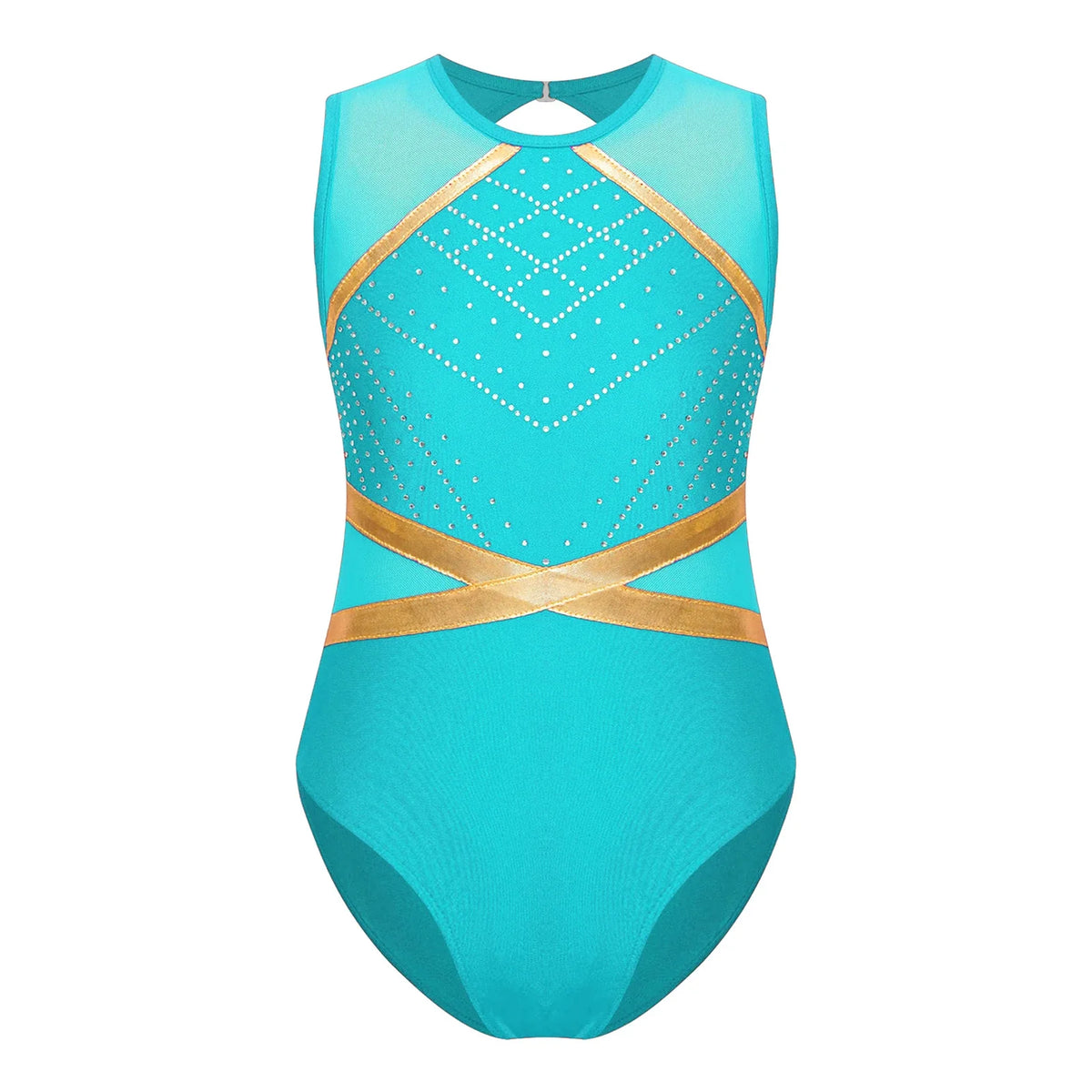 Girls' Stretchy Leotard - flattering, rhinestone-detailed, long-sleeve, mesh-panel, polyester elastane, for gymnastics