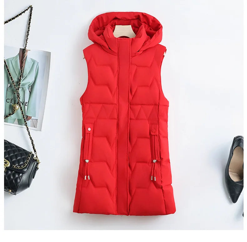 Light Cozy Women Long Puffer Vest - Hooded Down