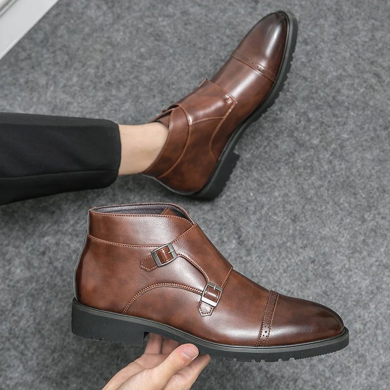 Mens Supportive Ankle Boots - Double Monk Cap-Toe, Leather