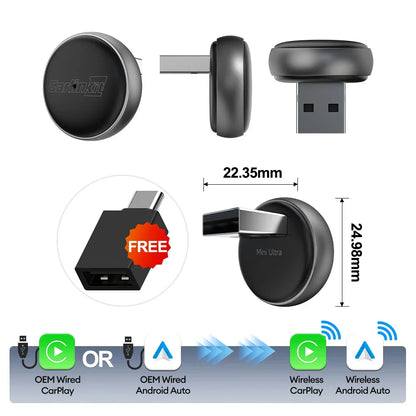 Cordless CarPlay Android Auto Adapter Mini 2-In-1 Plug And Play 5.8GHz WiFi Auto Connect OTA Upgrade Fall 2025 Gift