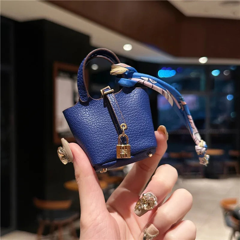 Inspired Birkin Mini Hand Bag - Leather Basket Bag Charm Keychain & Earphone Case