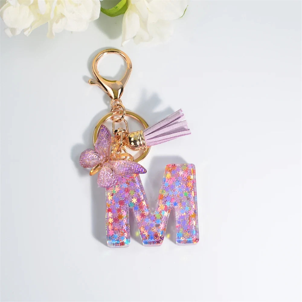 Letter Sequin Keychain With Butterfly Tassel Charm