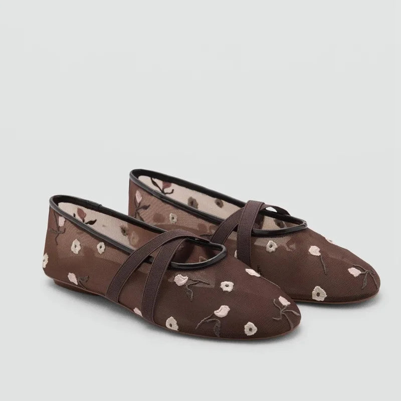 Light Women Ballet Flats - Mary Jane, Embroidered Mesh