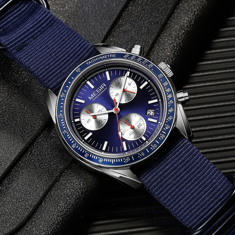 Quartz Chronograph Watch Blue Nylon Strap Water-Resistant