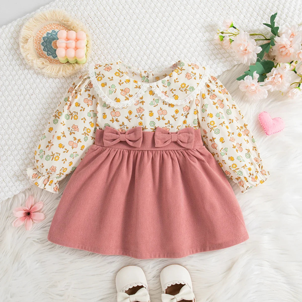 Plush Flowy Girls' Floral Long-Sleeve Dress - Bow-Detailed Waist, Polyester, For Spring And Autumn