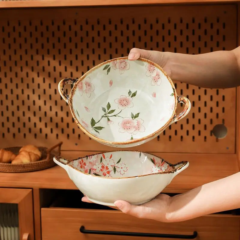 7.5 Ceramic Inch Noodle Bowl With Handles Floral Porcelain