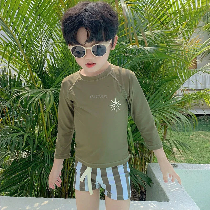 Long-Sleeve Rash Guard Top, Shorts, Polyester, Summer Beachwear – Fast-dry Unisex Baby Swimwear 2-Piece Kit