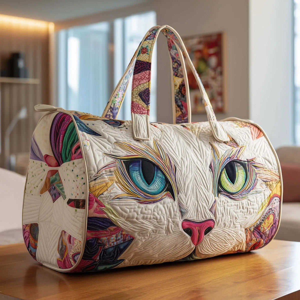 Plush Unisex Travel Tote - Quilted, Cat-Embroidered Fabric, For Beach, Hiking, Camping