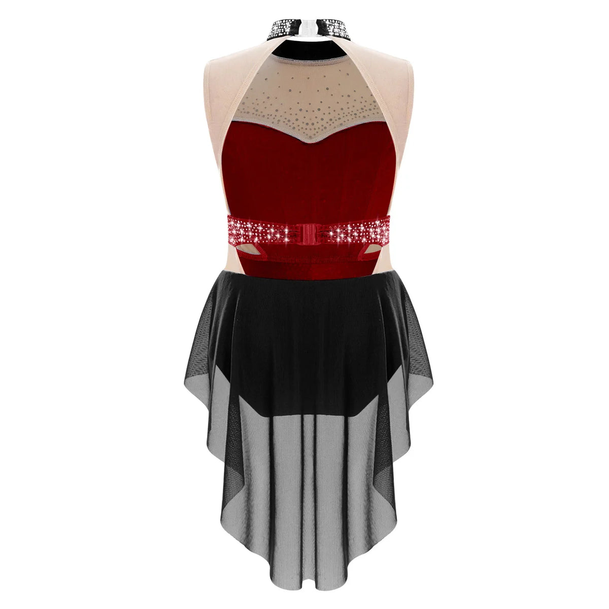 girls' Stretchy leotard - rhinestone mesh yoke, sleeveless, polyester, nylon, elastane, for lyrical dance performance