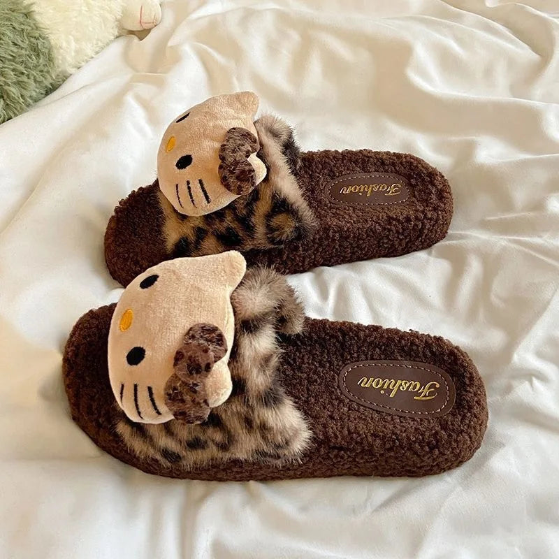 Plush girls' slippers - cozy leopard-print plush fur, polyester, indoor wear, gift
