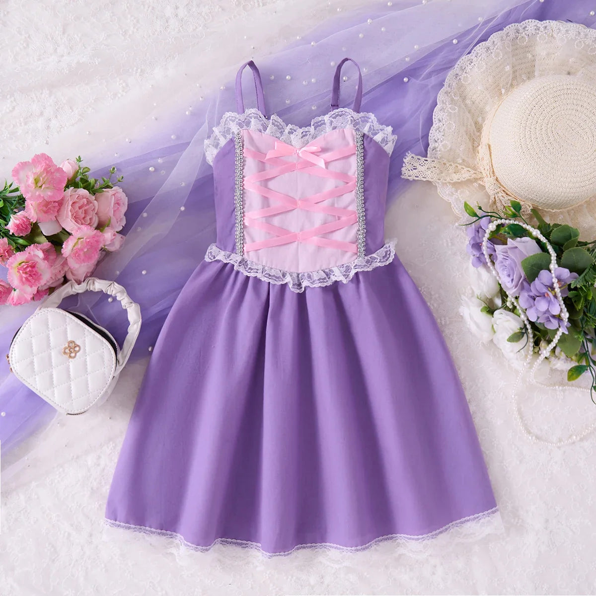 girls' Breathable dress - lace-up sling, sleeveless, flowy, polyester, for summer