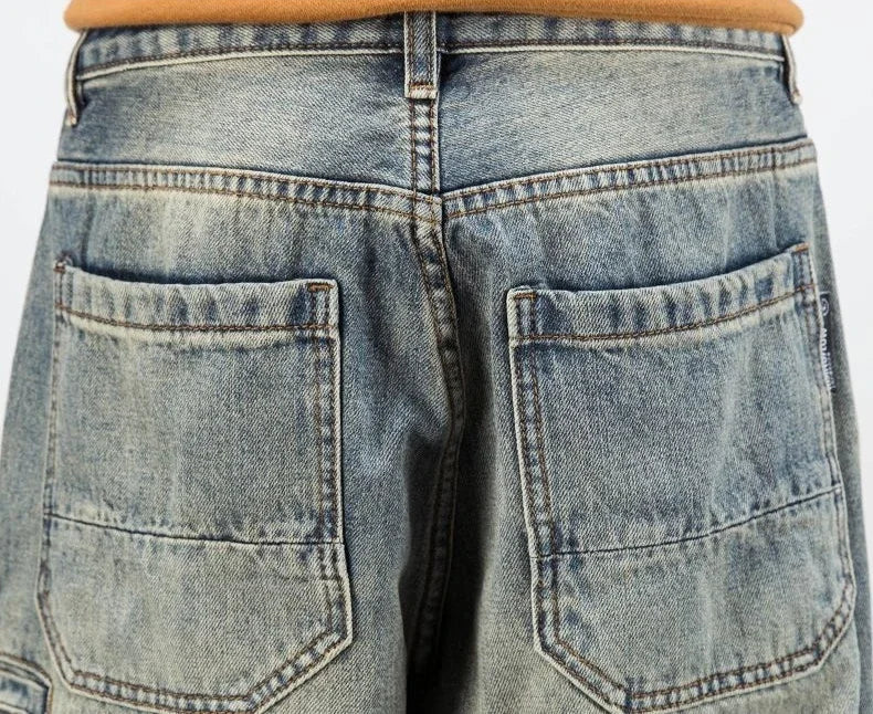 Men's Oversized Denim Jeans - Loose Straight Cut, Washed
