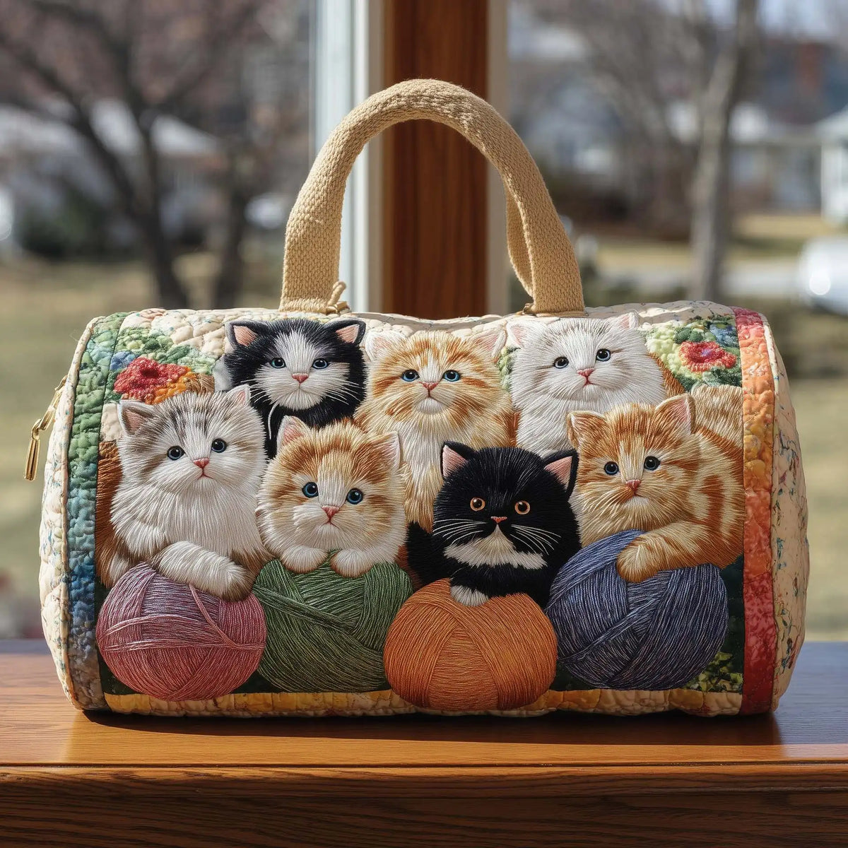 Plush Unisex Travel Tote - Quilted, Cat-Embroidered Fabric, For Beach, Hiking, Camping