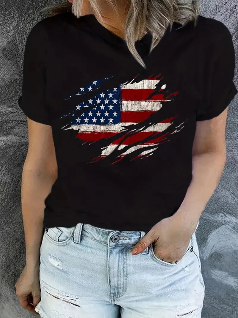 Plush Women's T-Shirt - graphic flag print short sleeve crew neck, casual summer top