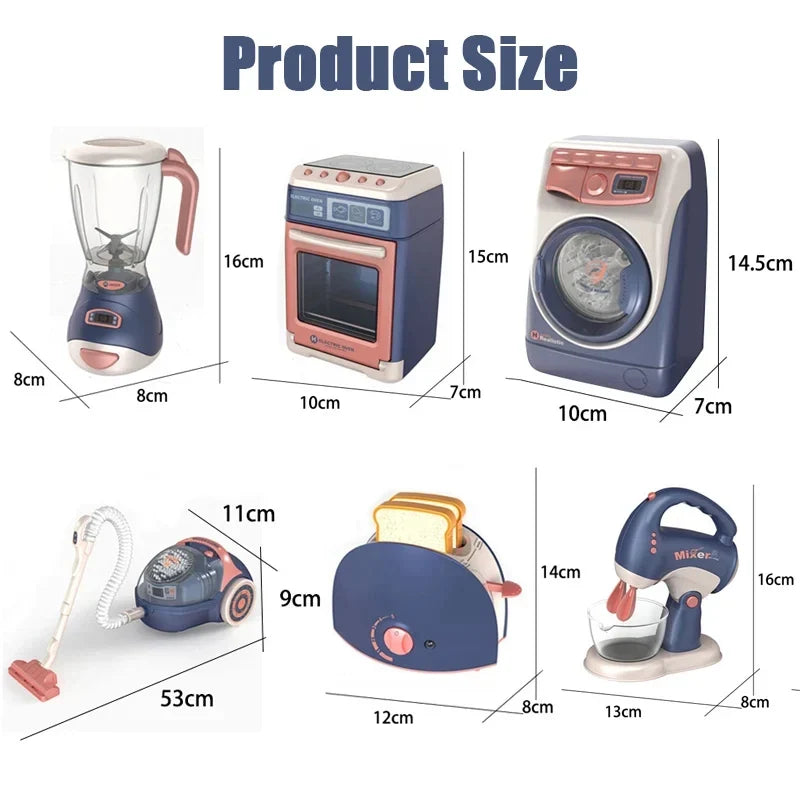 Pretend Kitchen Playset - Motor-Driven Vacuum, Juicer, Washing Machine & Water Sweeper Toys for Kids