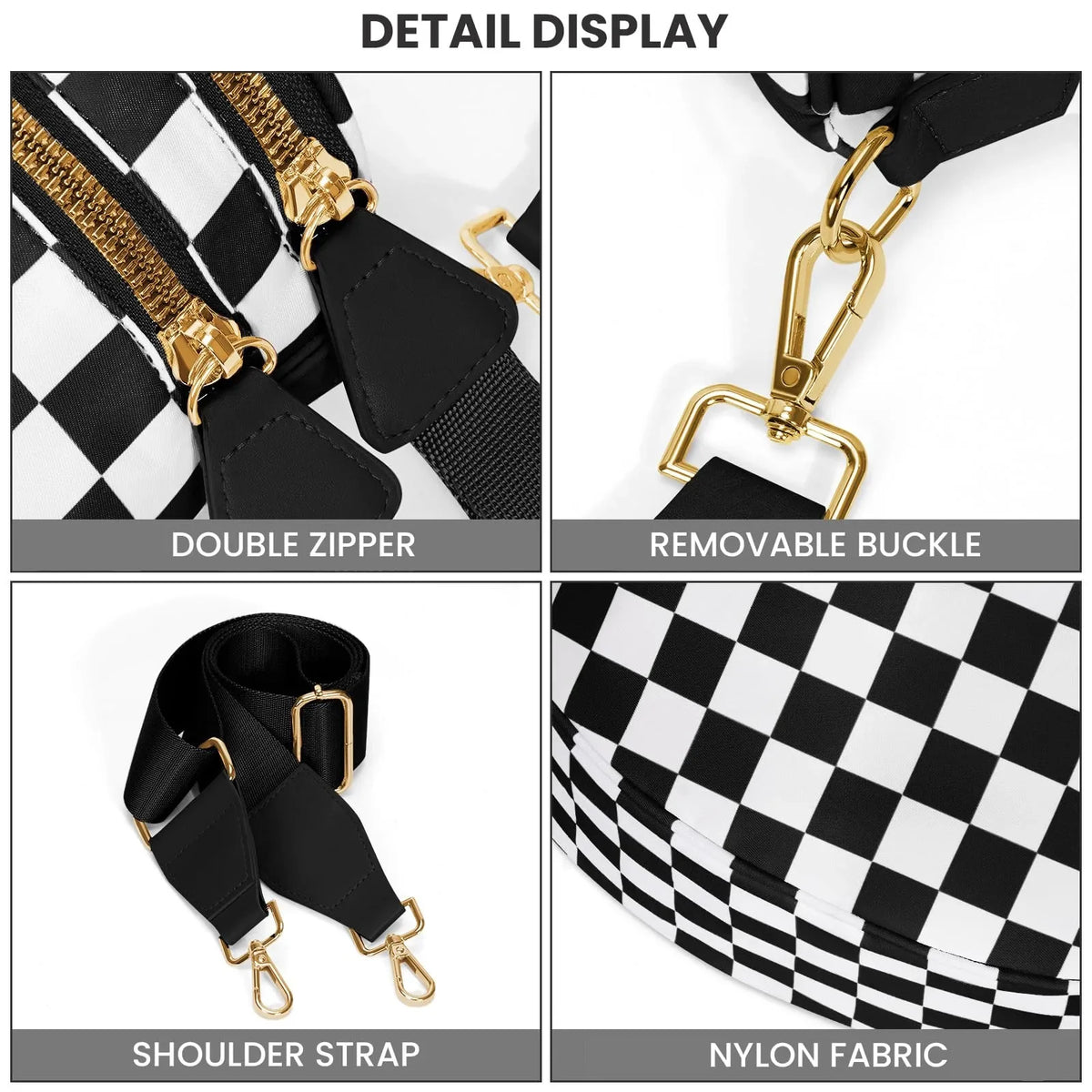 checkered nylon, box shape, travel and daily use – Multi-Use unisex crossbody bum bag