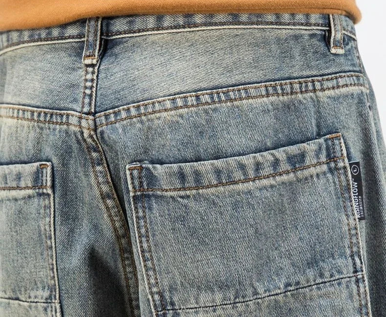 Men's Oversized Denim Jeans - Loose Straight Cut, Washed