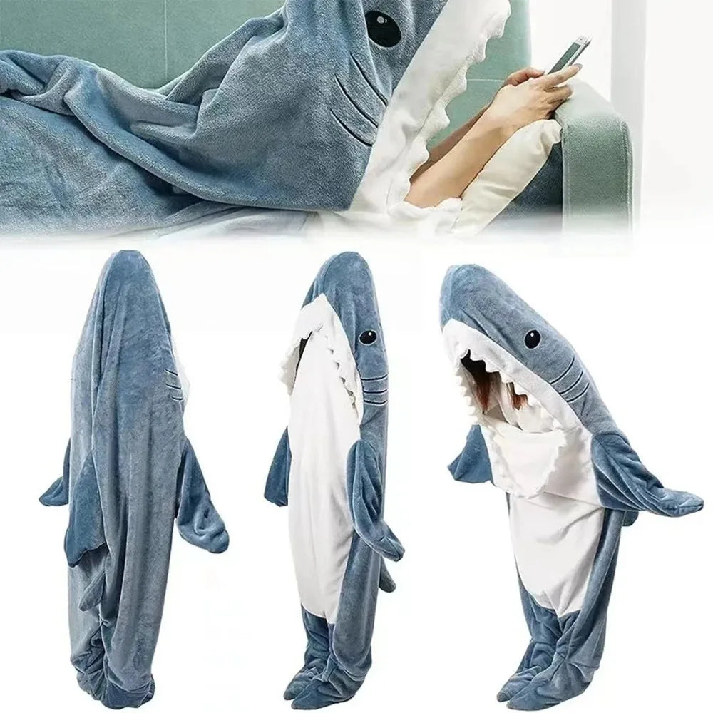 Shark Cartoon Flannel Sleeping Bag Pajamas - Hooded Cozy Animal Nightgown for Kids